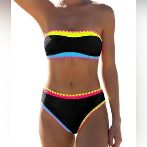 Popvil Women's Strapless Bikini Sets Neon Color Block Bandeau Swimsuit L